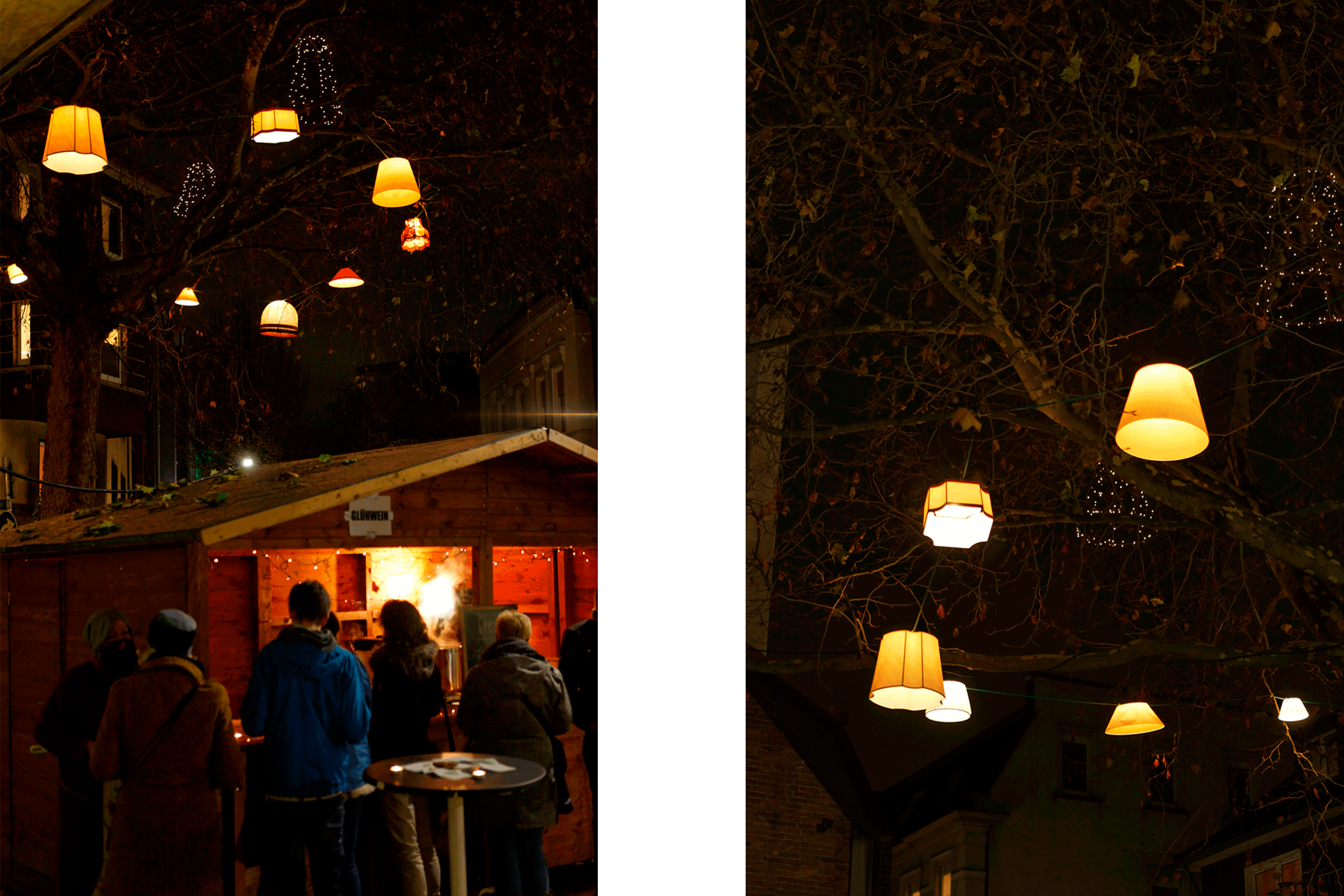 Glühweinbude mit Besuchern des Weihnachtsmarktes